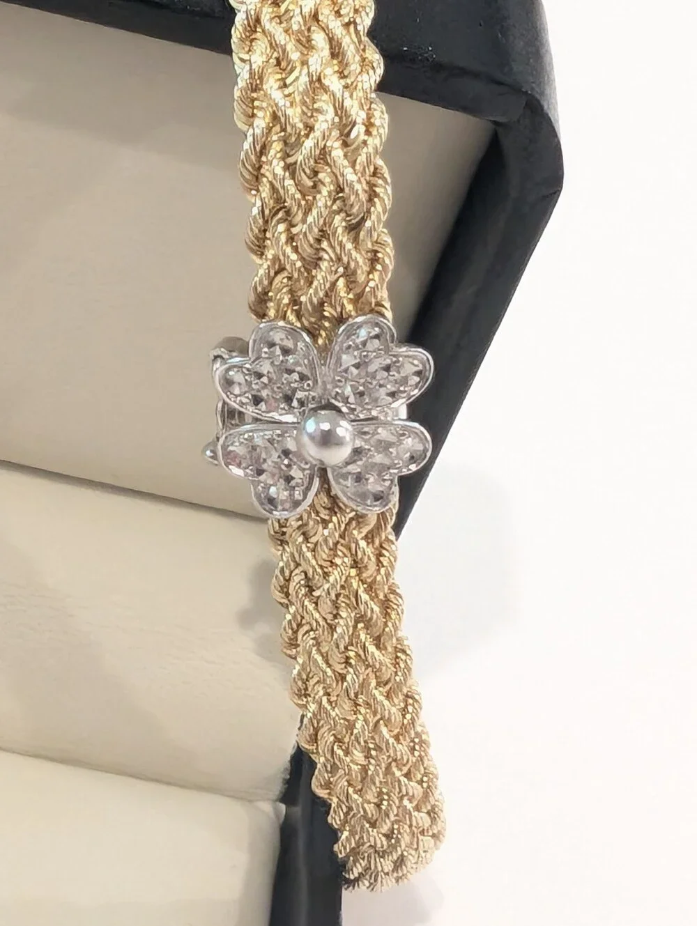NWT Gold Plate Basketweave + Silver AuraGento Bracelet With Floral Clasp In Box